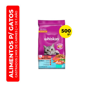 ALIMENTO PARA GATOS CASTRADOS WHISKAS SABOR MIX DE CARNES 500G